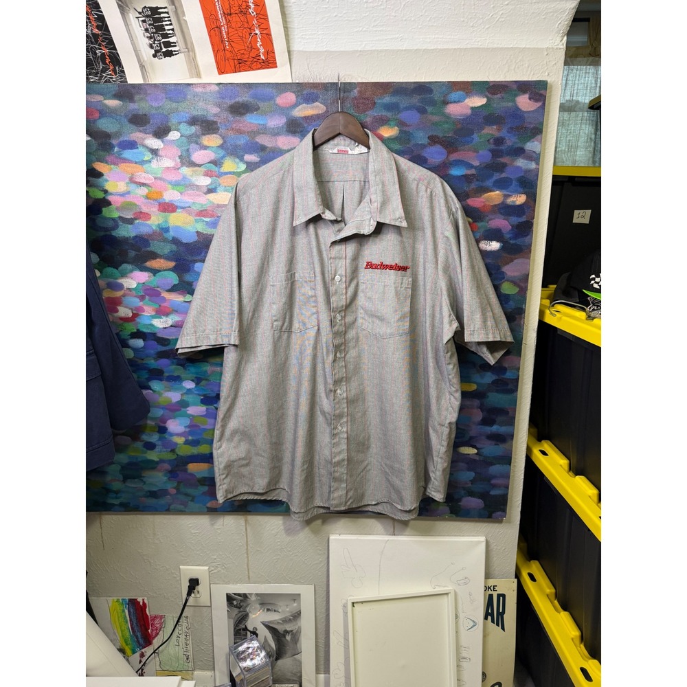 Vintage Unitog Budweiser Work Shirt Mens 19-19.5 Grey Red Pinstripe Union Made